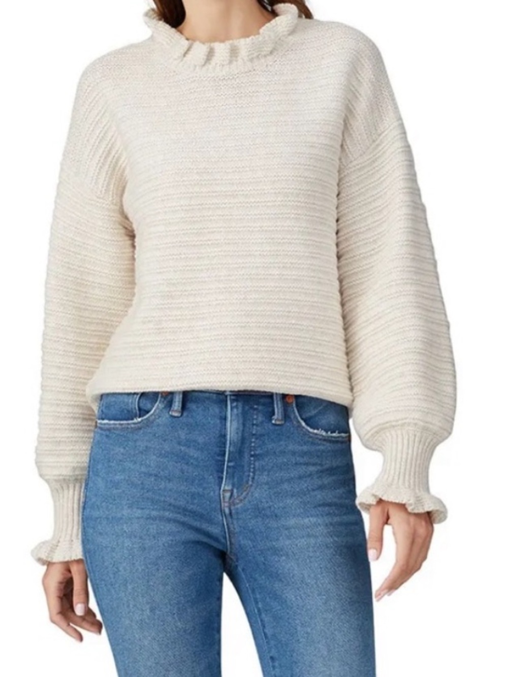 Madewell cotton merino wool ruffled ivory mock neck sweater sz xs